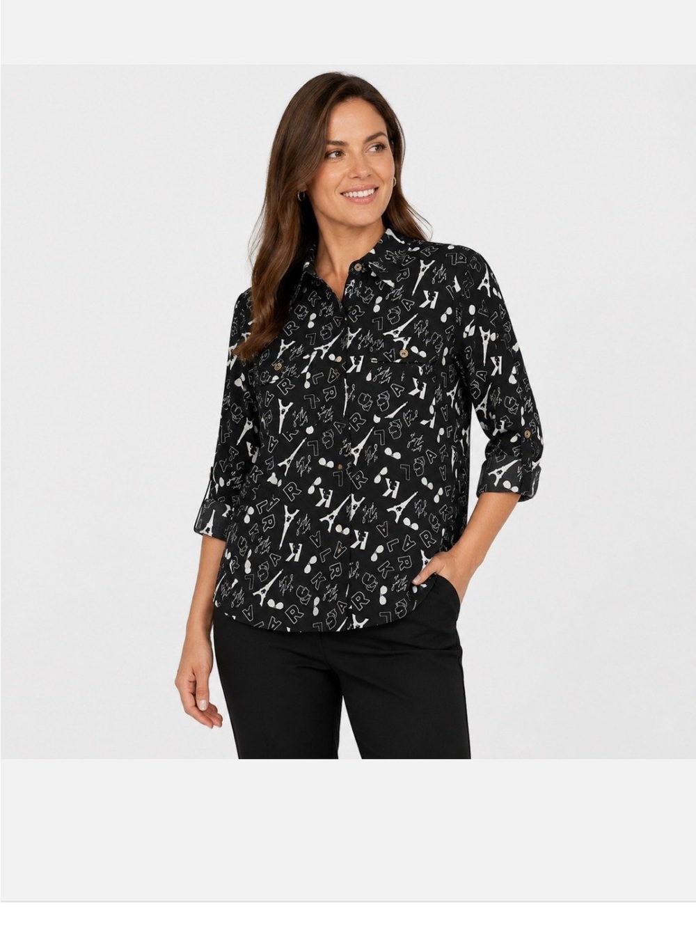 Karl Lagerfeld Paris Black & White Eiffel Print Button-Down Shirt Size M